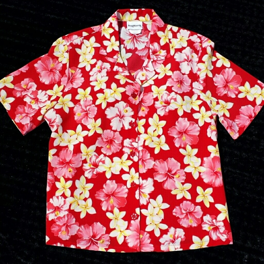 BON WORTH SHORT SLEEVE FLORAL BUTTON DOWN BLOUSE